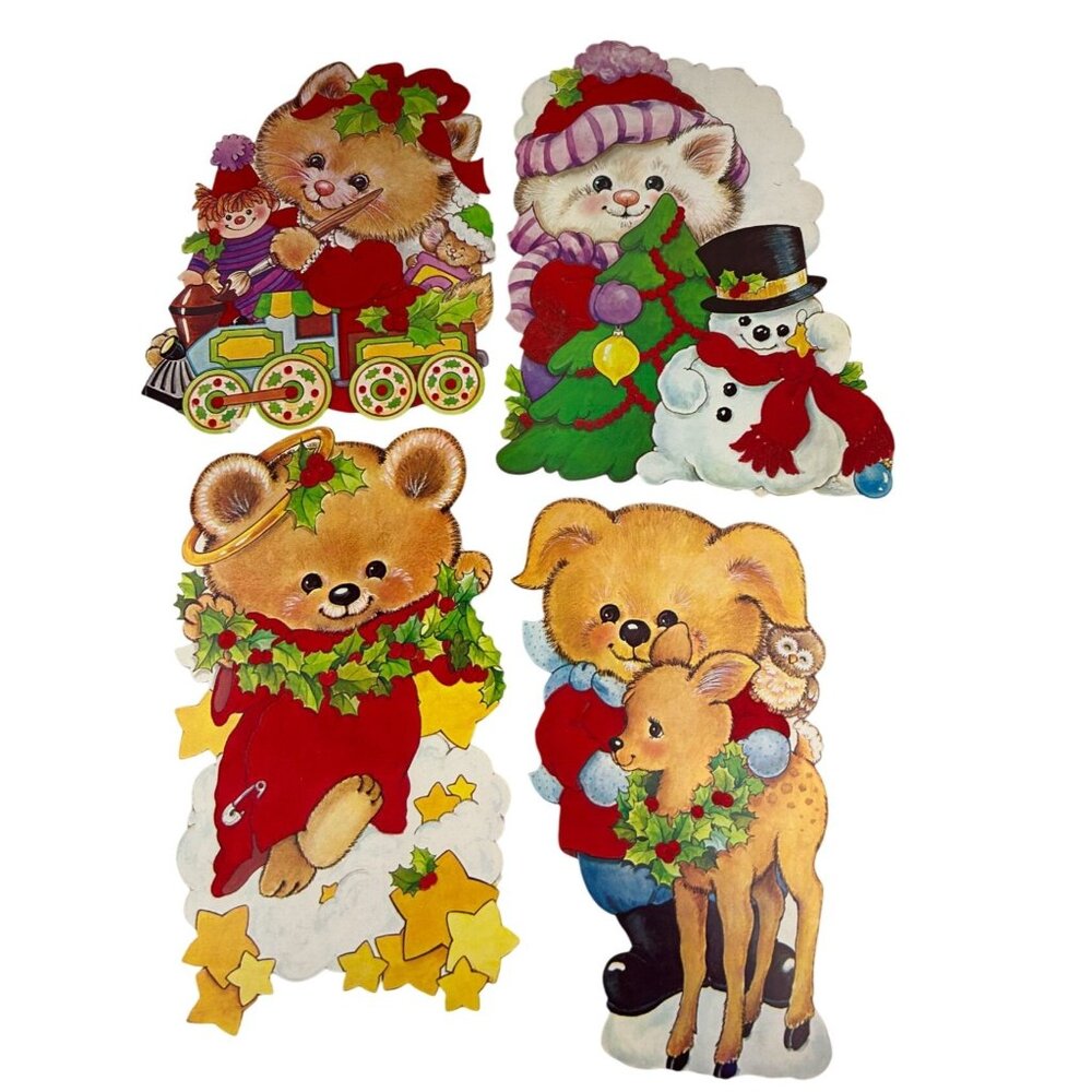 Vintage Christmas Red Velvet Accented Paper Cutouts Decorations Cat Puppy Bear